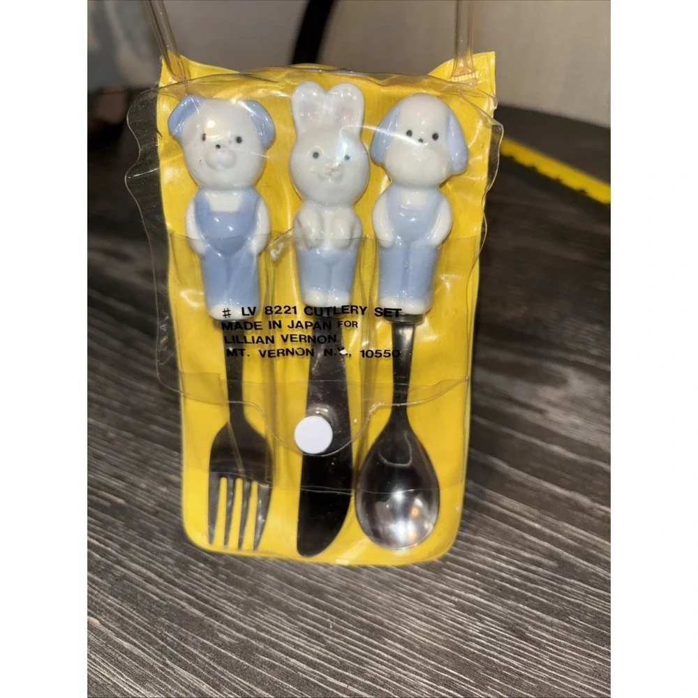 Vintage Lillian Vernon Child Ceramic & Stainless Steel Flatware Set Of 3